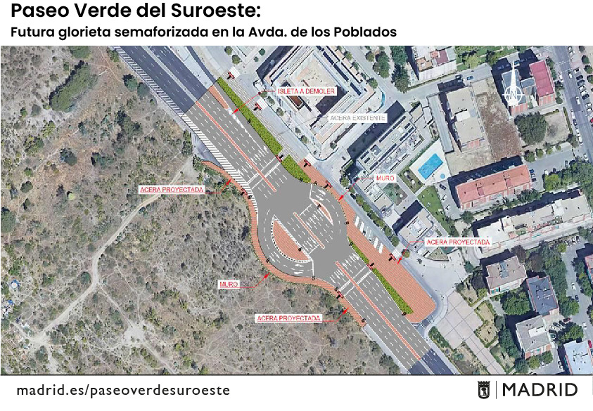 Obras en la avenida de los Poblados para construir una nueva glorieta en el Paseo Verde del Suroeste